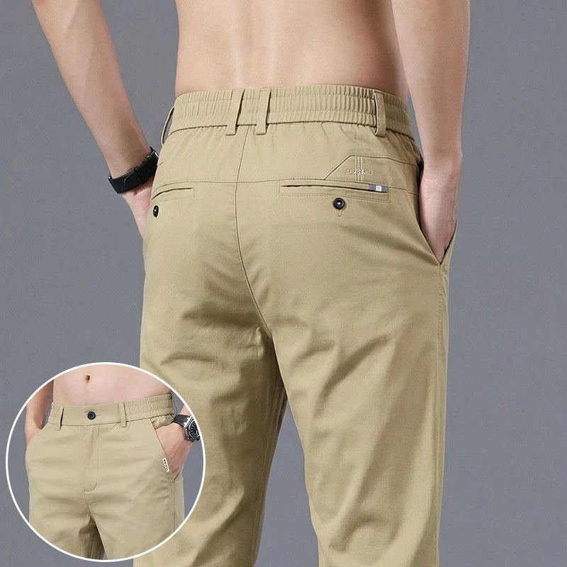 Good Quality Summer High Stretch Men's Casual Pants Polyamide Fiber Slim Straight Business Elastic Waist Work Chino Thin Trouser