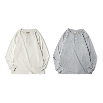 Maden Long-sleeved Henley Shirt for Men Three-button Classic Design Round Collar Beige Basic T-shirts Male Autumn Thin Tees