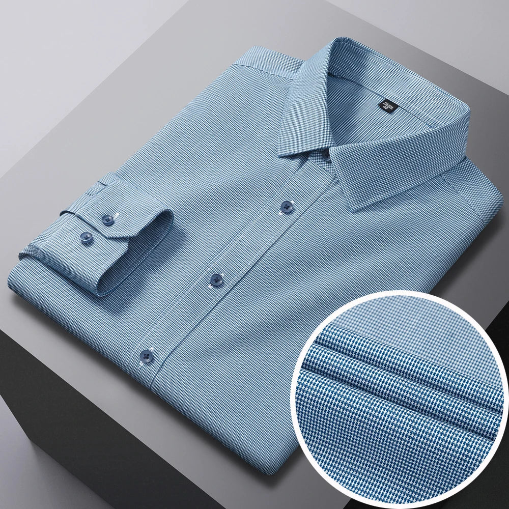 Men's Breathable Houndstooth Print Wrinkle-Free Dress Shirt Soft Long Sleeve Casual Button Down Blouse Business Daily Essential