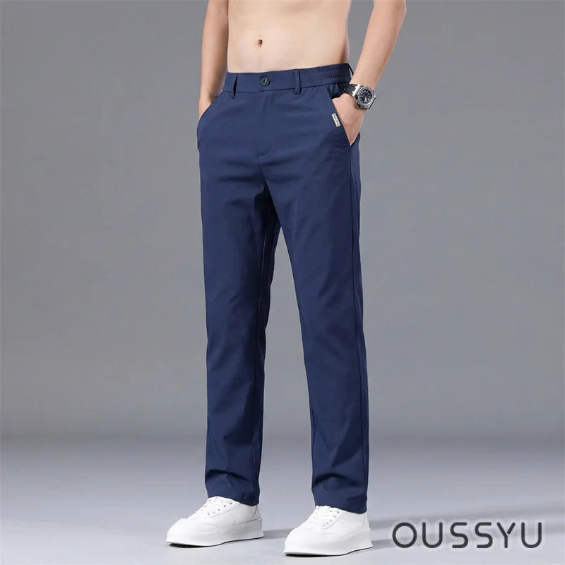 Good Quality Summer High Stretch Men's Casual Pants Polyamide Fiber Slim Straight Business Elastic Waist Work Chino Thin Trouser