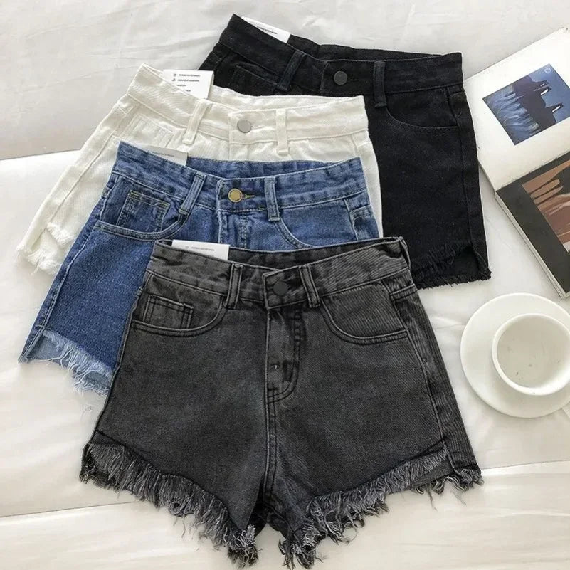 Women's 2026 High Waist Raw Edge Wide Leg Solid Denim Korean Casual Summer Shorts