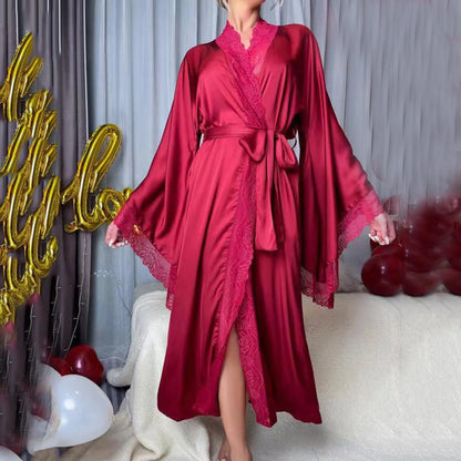 Women's Satin Silk Robe Female Sleepwear Lace Patchwork Long Bathrobes Ladies Flare Sleeve Nightgown Soft Silk Dressing Gown