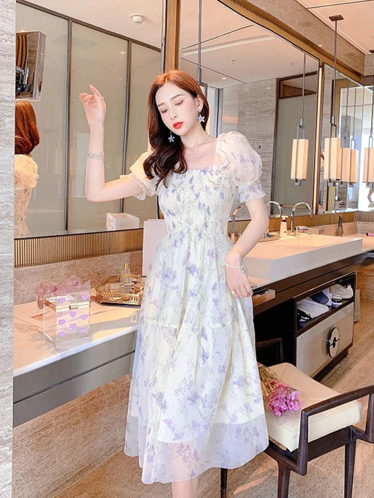 Zoki Elegant Floral Chiffon Party Dress Women Fashion Puff Sleeve A Line Midi Dress Sweet Square Collar Korean Female Vestidos