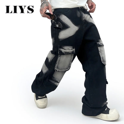 Trousers Streetwear Aesthetic Men's Jeans Tie Dye Man Cowboy Pants Wide Leg Hip Hop Goth Soft Cotton Original Multi Bag Jeans