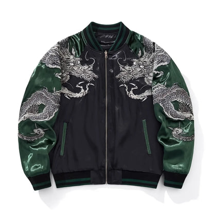 Harajuku Yokosuka Dragon Embroidered Jacket Autumn Street Hip Hop Men's Green Sleeve Japanese Coat