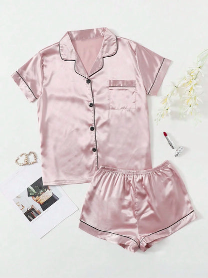 Women's Satin Pajama Set with Contrast Piping, Short Sleeve Button-Up Top & Shorts