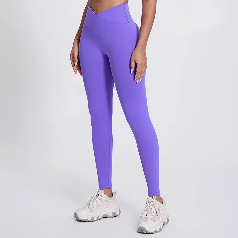 Solid Color Front Waist Cross High Waist Gym Yoga Leggings compression Fitness Sport Pants Athletic Comprehensive Training Jog