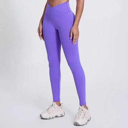 Solid Color Front Waist Cross High Waist Gym Yoga Leggings compression Fitness Sport Pants Athletic Comprehensive Training Jog