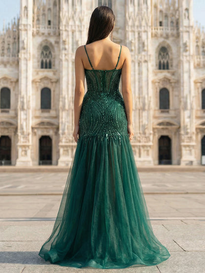 Gardenwed Emerald Green Sequin Mermaid Prom Dress with Slit, Sparkly Beaded Bodice, Sheer Tulle Skirt, Deep V Neck Evening Gown