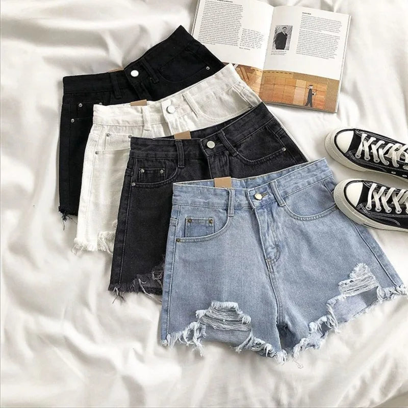 Korean Denim Shorts Women Summer Fashion Casual High Waist Ripped Jeans Pocket Tassel Hot Pants Streetwear Blue Trousers