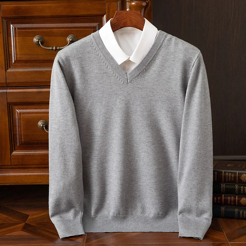 Autumn Winter Basic Merino Wool V-neck Sweater Men's Fashionable Casual Business Knitwear Cashmere Pullover Clothing Tops
