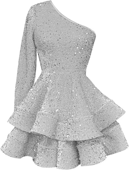 Long Sleeve Velvet Sequin Homecoming Dresses Teens Sparkly One Shoulder Short Prom Dress Layered Cocktail Party Graduation Dress