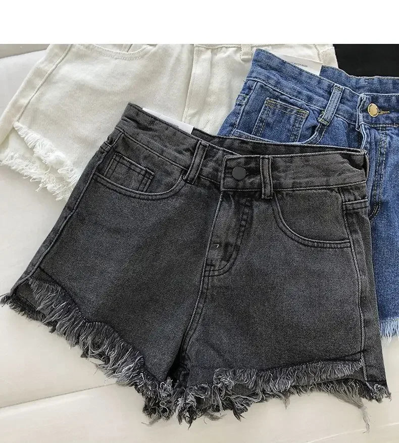 Women's 2026 High Waist Raw Edge Wide Leg Solid Denim Korean Casual Summer Shorts