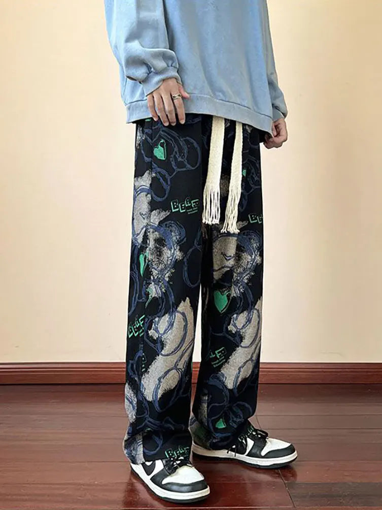 Fashion Y2k Print Wide leg Baggy Pants Men Korean Designer Student Streetwear Straight Long Trousers Casual Sport Hip hop 2023