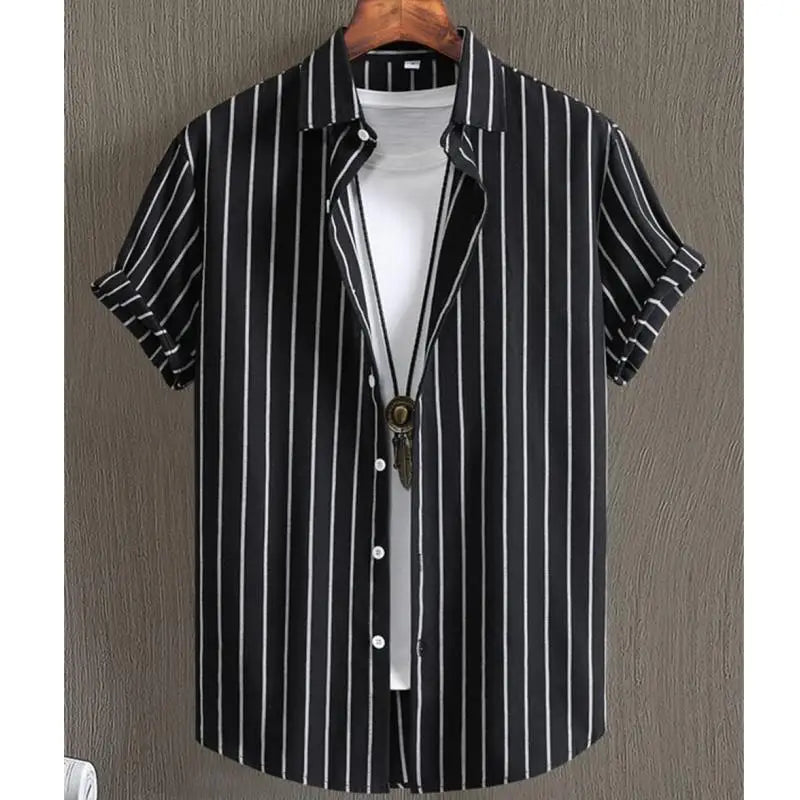 Alternating Striped Man Shirt Summer Minimalist Shirts Beach Casual Style Short Sleeved White  Shirt Men's Hawaii Vacation Tops