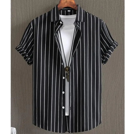 Alternating Striped Man Shirt Summer Minimalist Shirts Beach Casual Style Short Sleeved White  Shirt Men's Hawaii Vacation Tops