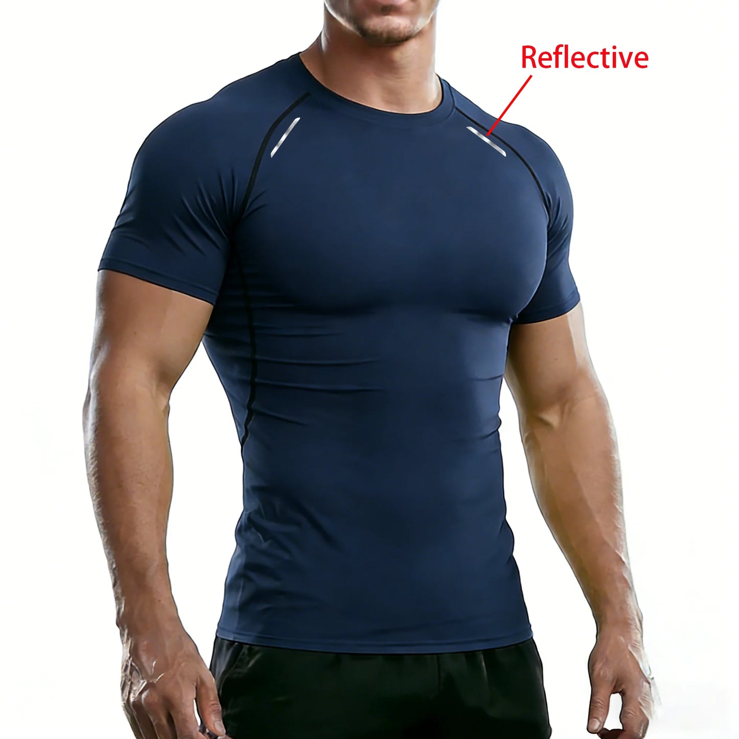 Men's Reflective Stripe Quick Dry Compression T-Shirt - Elastic Athletic Workout Top for Running, Gym, Fitness