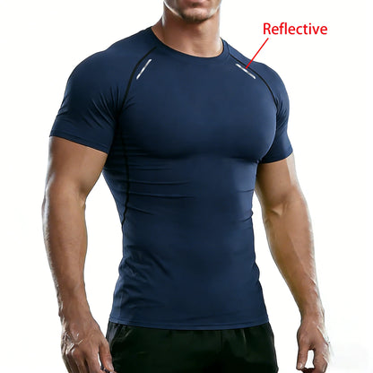 Men's Reflective Stripe Quick Dry Compression T-Shirt - Elastic Athletic Workout Top for Running, Gym, Fitness