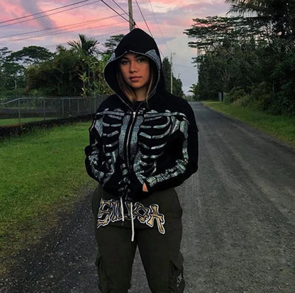 Hot Skeleton Rhinestone Women Goth Zip Up Hoodie Sweatshirt Gothic Long Sleeve Oversized Hoodie Y2k Jacket Men Hoodies New Coat