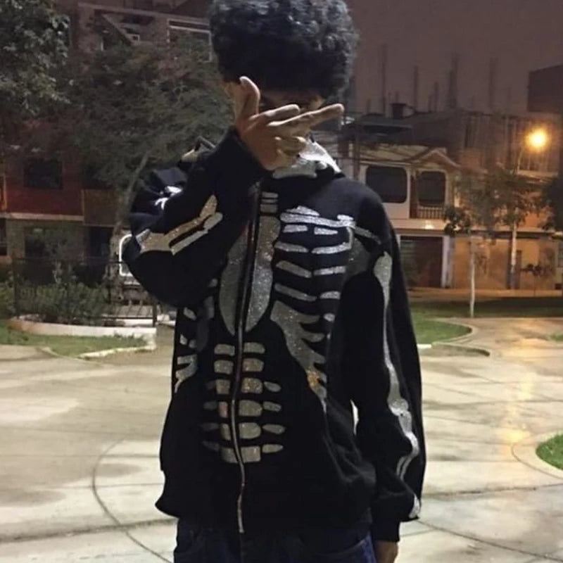 Hot Skeleton Rhinestone Women Goth Zip Up Hoodie Sweatshirt Gothic Long Sleeve Oversized Hoodie Y2k Jacket Men Hoodies New Coat